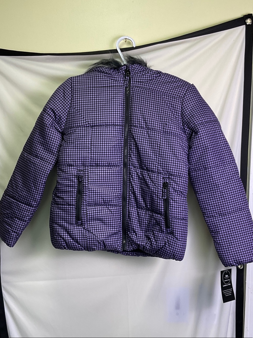 London Fog Girls Purple Houndstooth Puffer Coat with Faux Fur Hood and Beanie